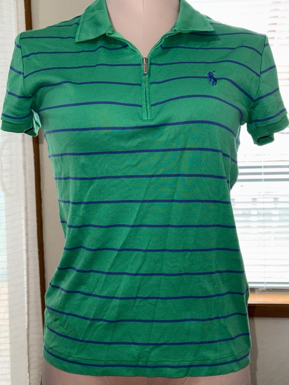 Ralph Lauren Green Polo Top with Blue Stripes and Zip